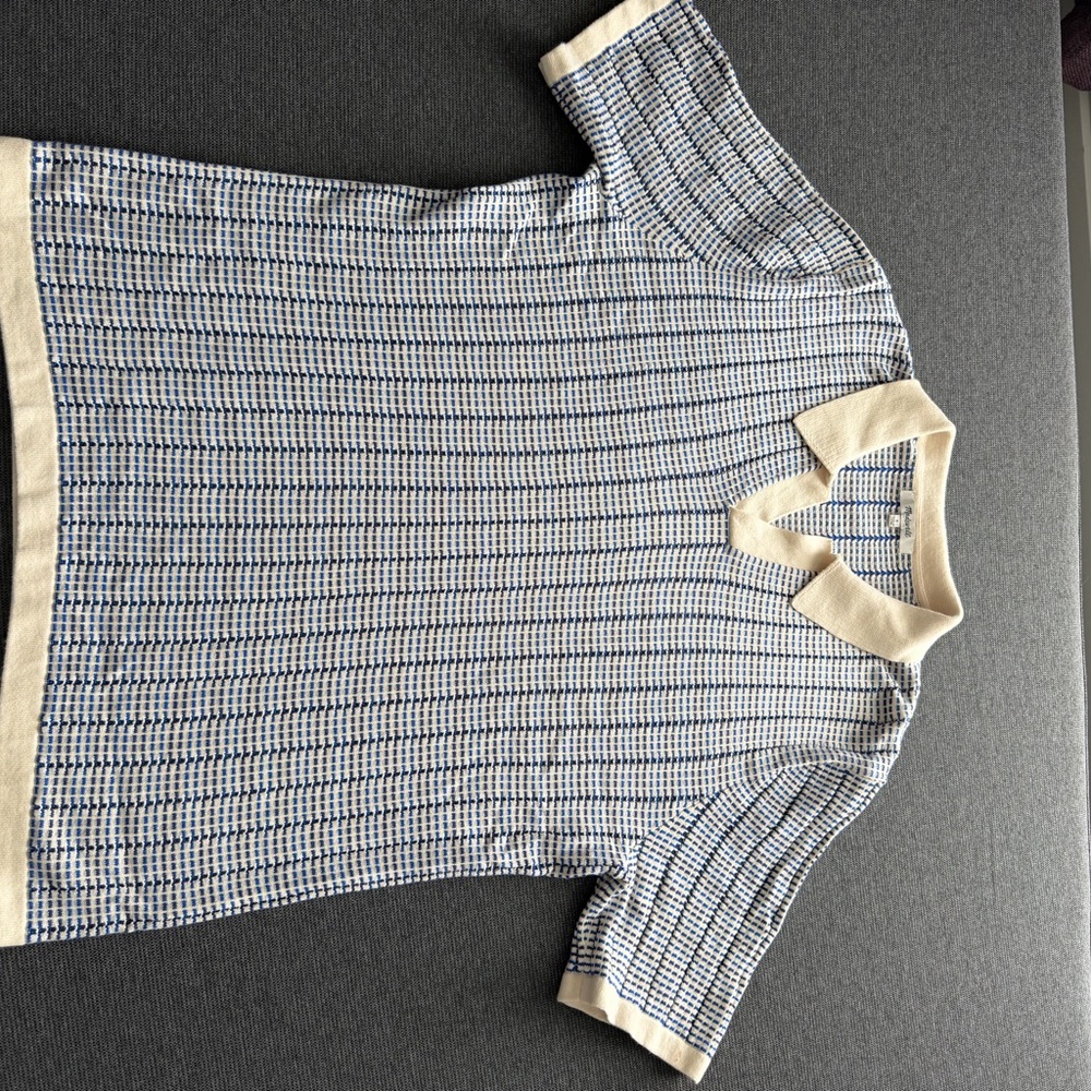 Madewell Cream and Blue Knit Short-Sleeve Top